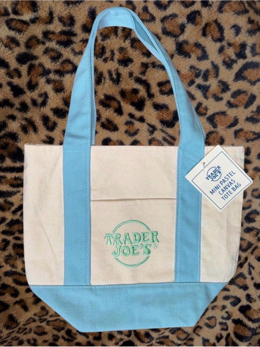Cream and Light Blue Mini Canvas Tote Bag